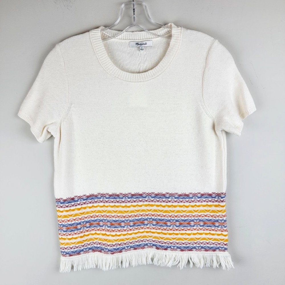 Madewell Cotton Blend Colorful V Neck Short Sleeve Fringe Hem Cropped Top Size S